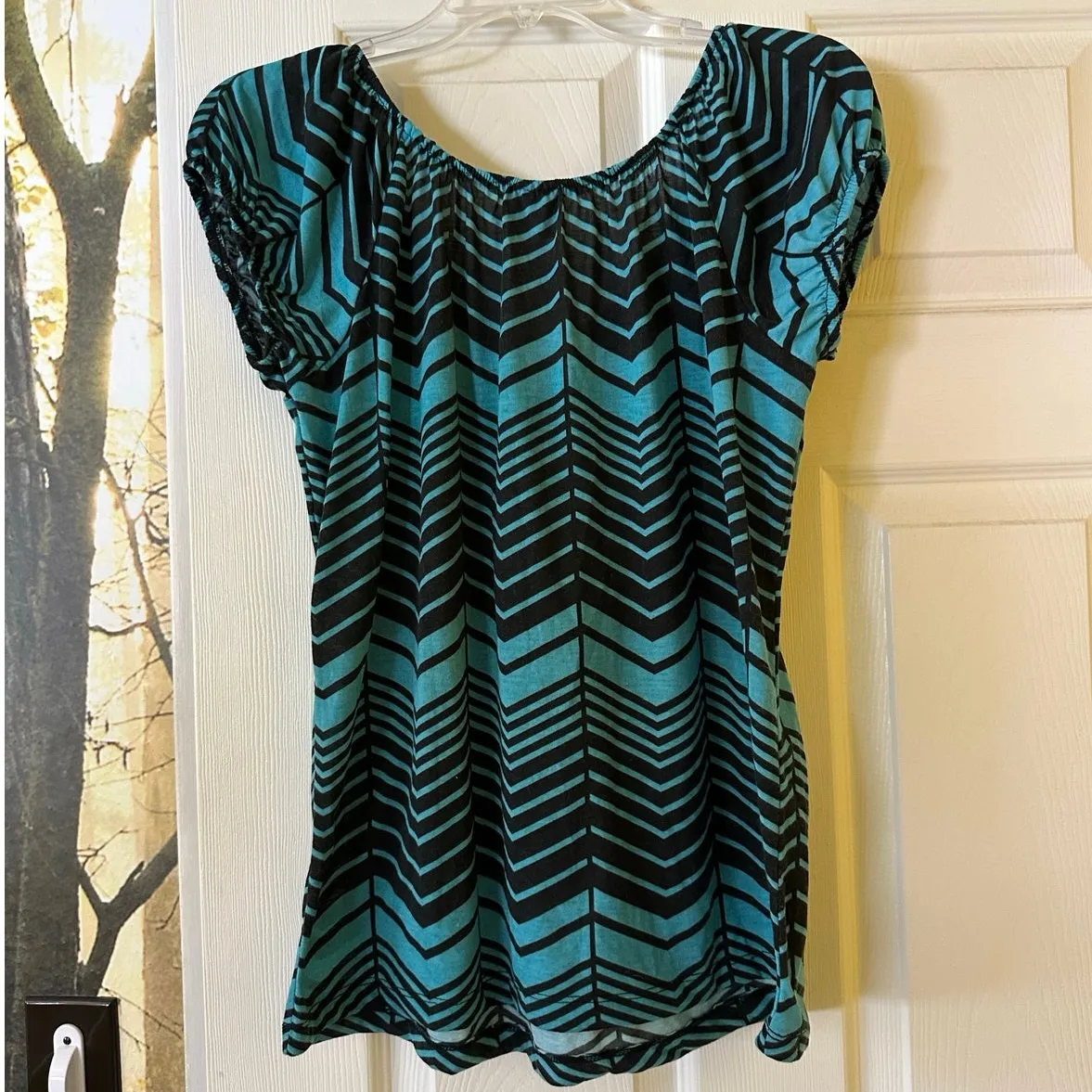 Y2K One Step Up Shirt Chevron Zigzag Keyhole Top Blue & Black 1X / XL - Image 2