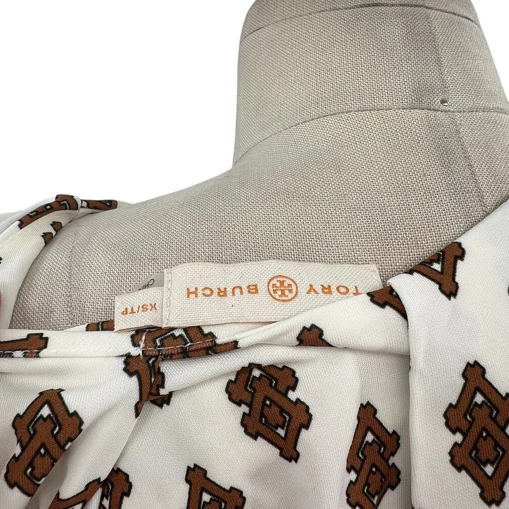 Tory Burch Cream Brown Geometric Printed Pleated Sleeveless Midi Dress Size‎ XS - Image 13