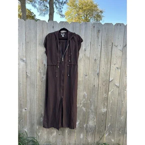 SHERRY TAYLOR Brown Ramie Rayon belt Slit Zip Hooded Dress Size Large Fall Size 14 - Image 3