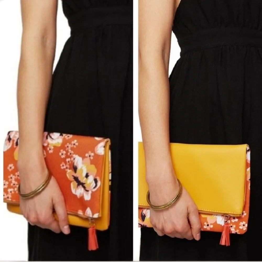 Rachel Pally Orange Yellow Floral Fold Over Reversible Tassel Zip Clutch - Image 5
