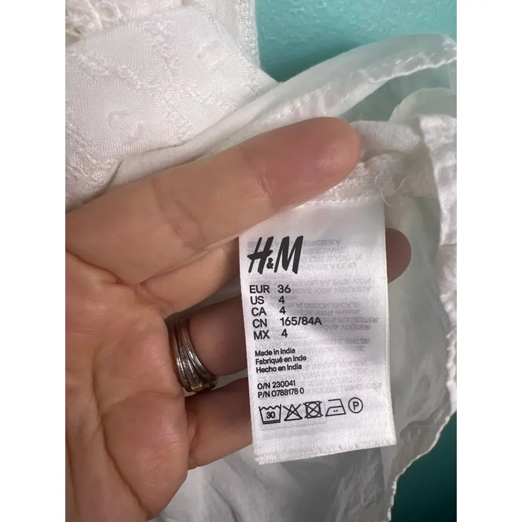 H&M White Boho Lace Mini Dress Women’s 4 Smocked Waist Peasant Festival Lined - Image 3