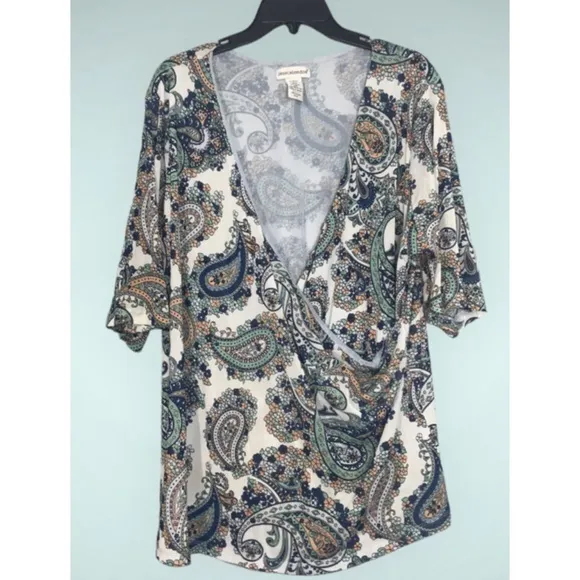 Jessica London Blue Green Multicolor Paisley Faux Wrap Short Sleeve Top 26/28 - Image 2