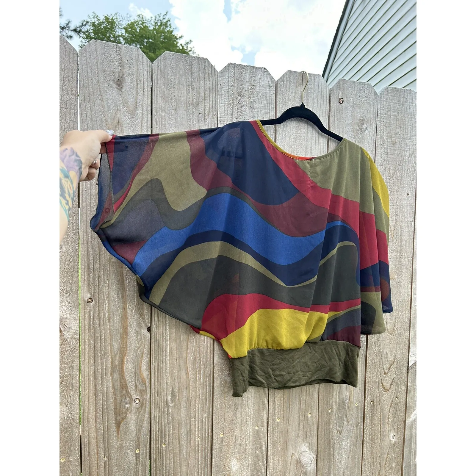 Cha Cha Vente | Multicolored Green Poncho‎ Top Size Small Summer Retro Blue - Image 8
