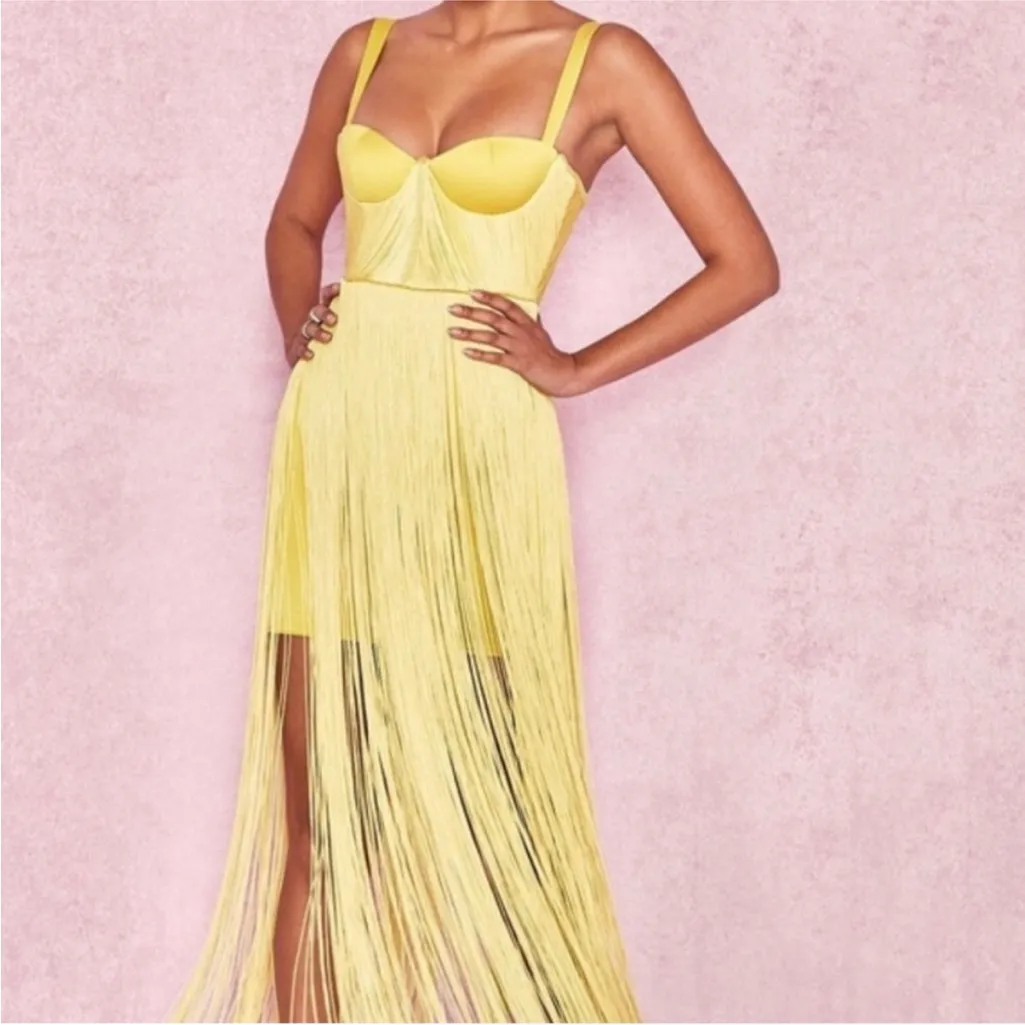 HOUSE OF CB 'Emee' Acid Yellow Satin
Fringe Dress - Image 10
