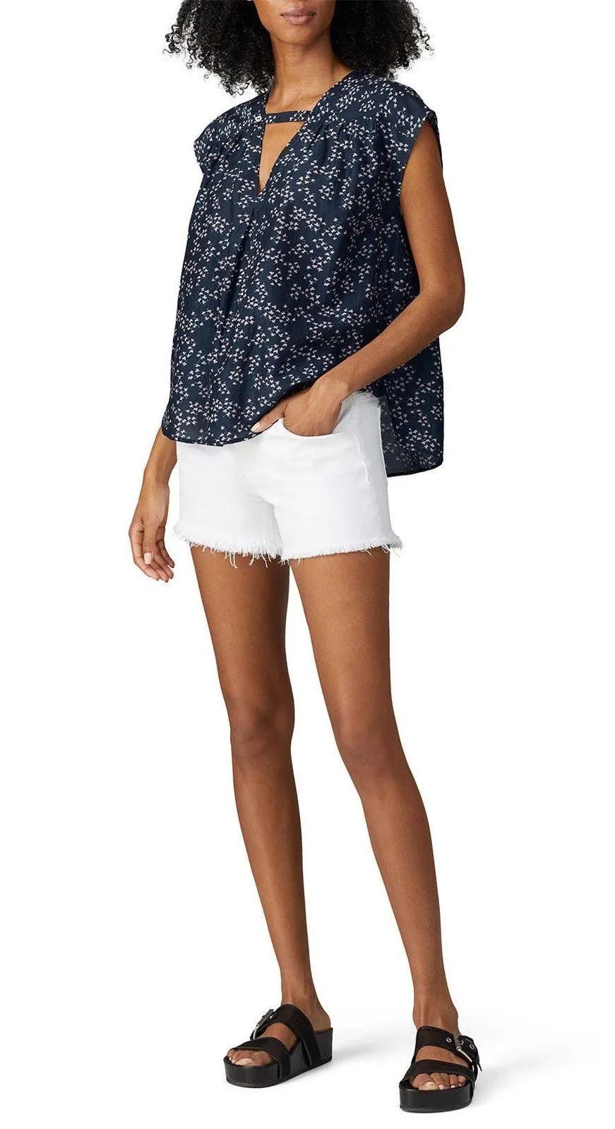 Current/Elliott Sky Short Sleeve Floral Navy Blue V-Neck Blouse Size S - Image 5