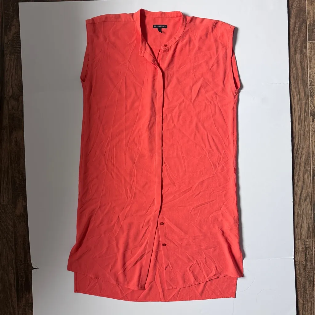 EILEEN FISHER Silk Georgette Sleeveless Mandarin Collar Shift Dress Coral Size S - Image 4