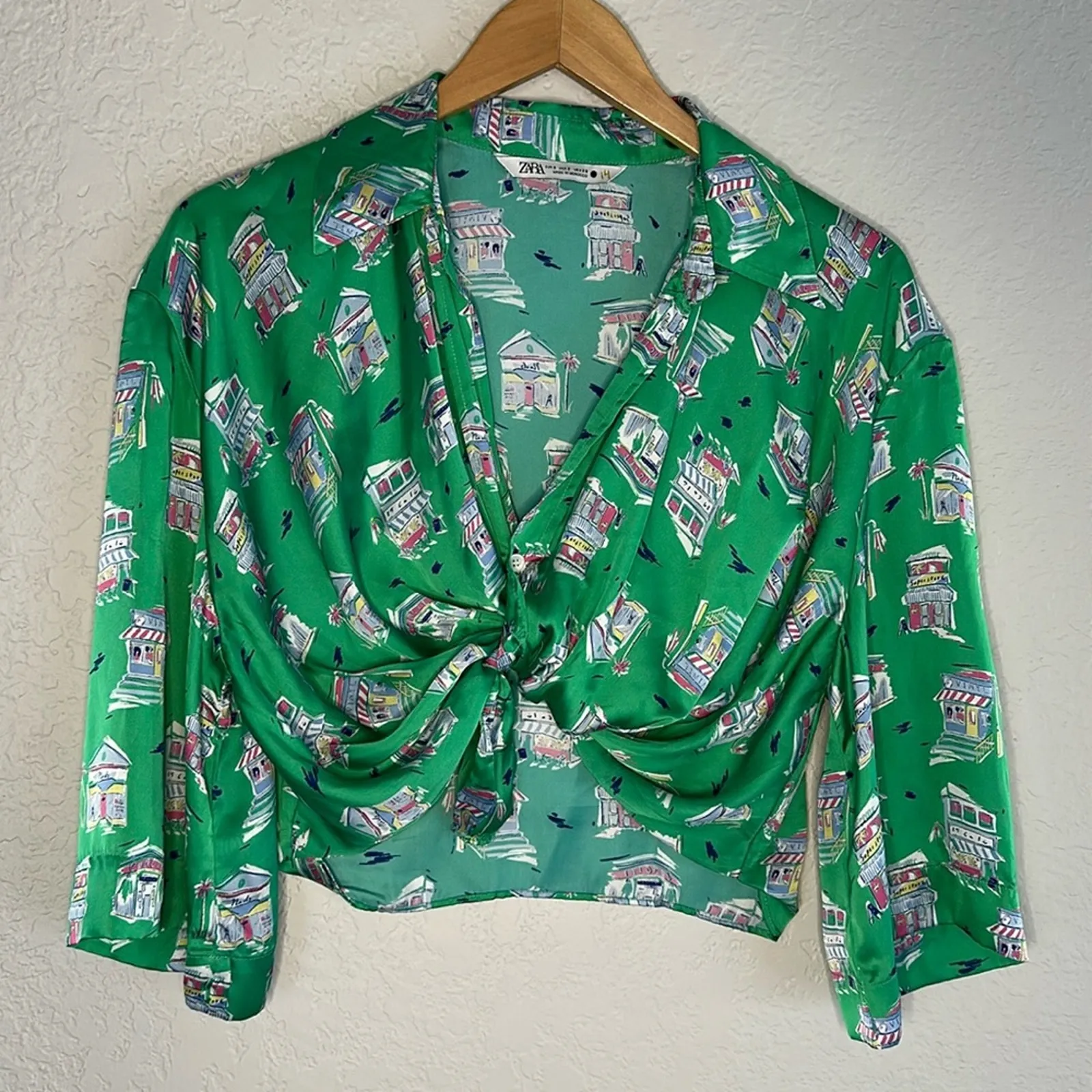 Zara Silky Green Twist Front Top Vacation Print Resortwear St Patricks Day Sexy - Image 2