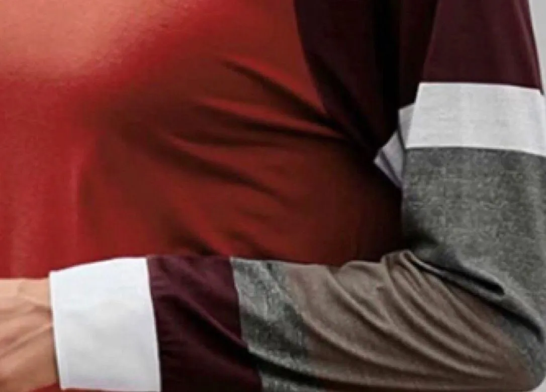 Color Block Round Neck Long Sleeve Tunic Top Red S - Image 4