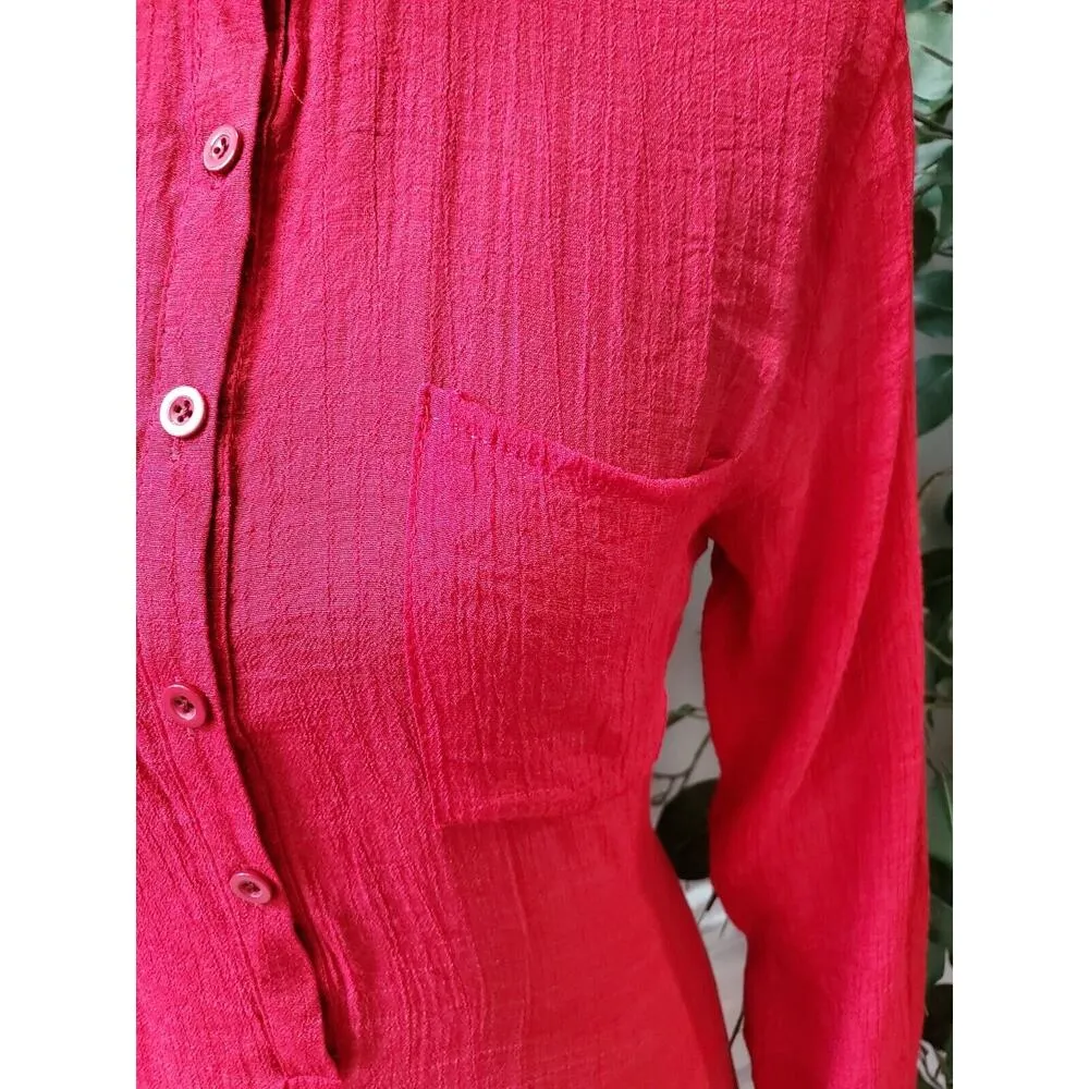 Women's Solid Red Polyester Long Sleeve Button Front Down Long Casual Maxi Dress Size 8 - Image 4