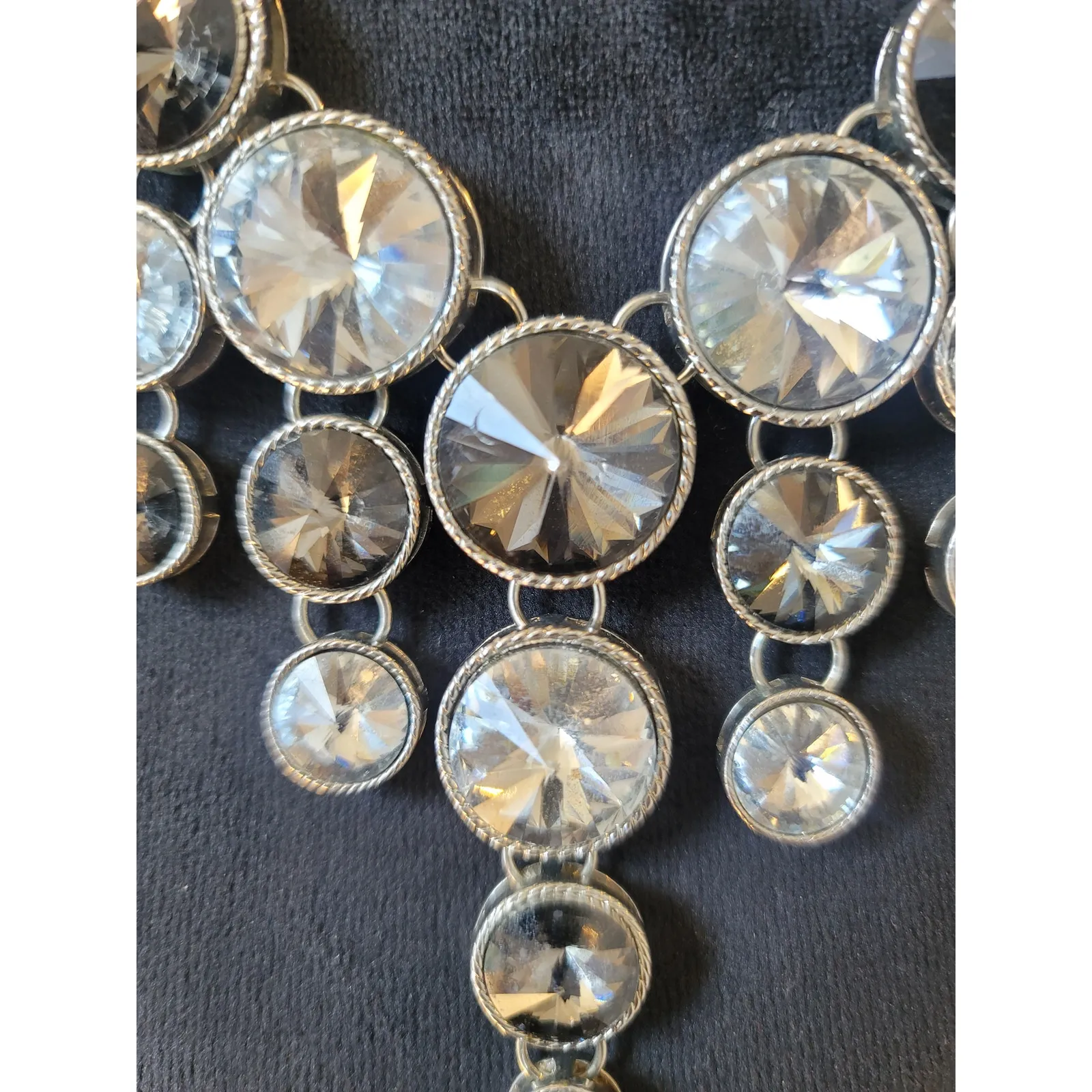 Women's Silver Statement Necklace With Lobster Clasp Layered Disc Crystal Design White - Image 6