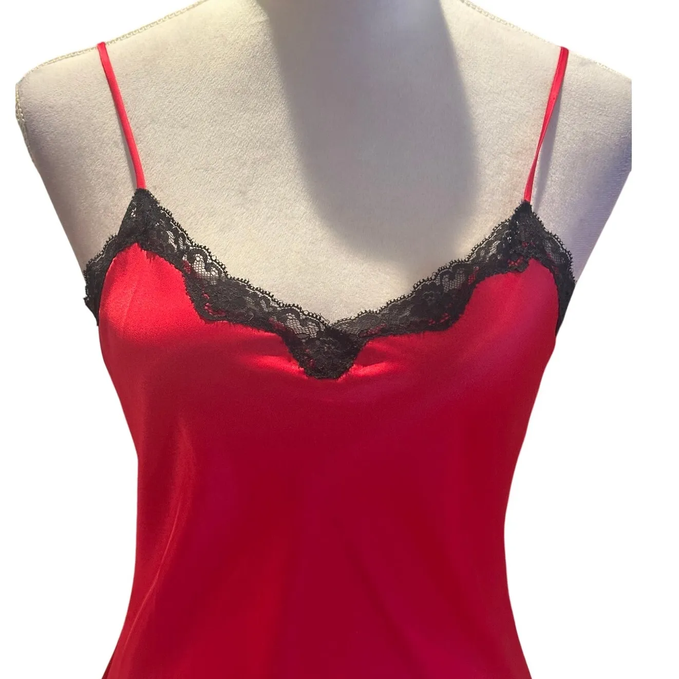 Victoria's Secret Satin Red Slip Dress With Black Lace Trim Side Slit S - Image 2
