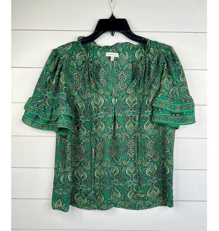 Max Studio Green  Peasant Blouse Ruffle Detail Patterned Short Sleeves Size M - Image 2