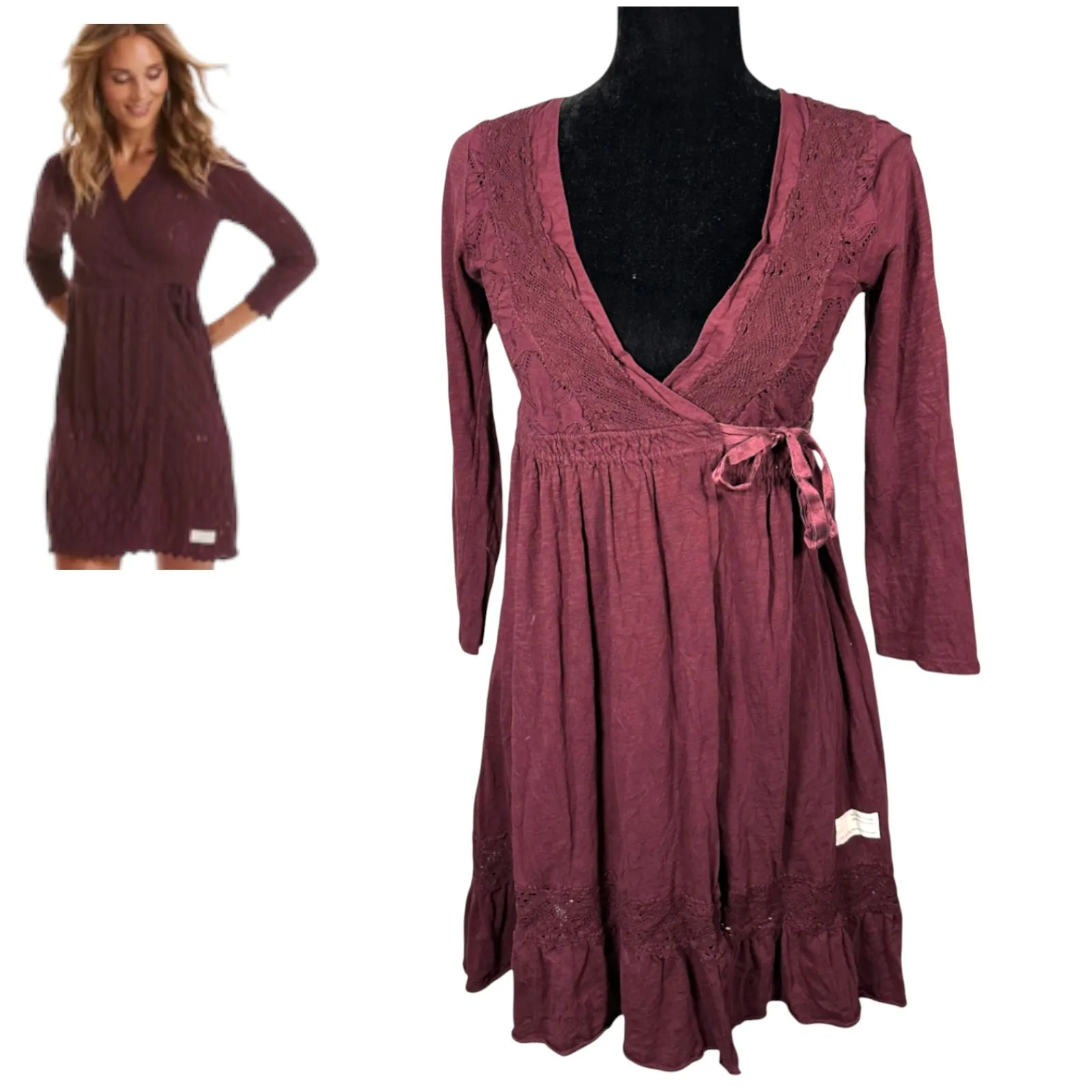 Odd Molly Purple Long Sleeve Crochet Lace Butterfly Eyelet Mini Wrap Dress 0 - Image 2