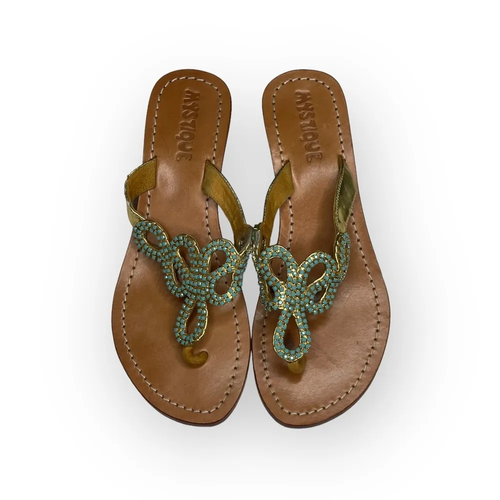 Mystique ☀︎︎ Bali Turquoise Crystal Beaded Wedge Thong Sandals ☀︎︎ Gold 7M ☀︎︎ - Image 15