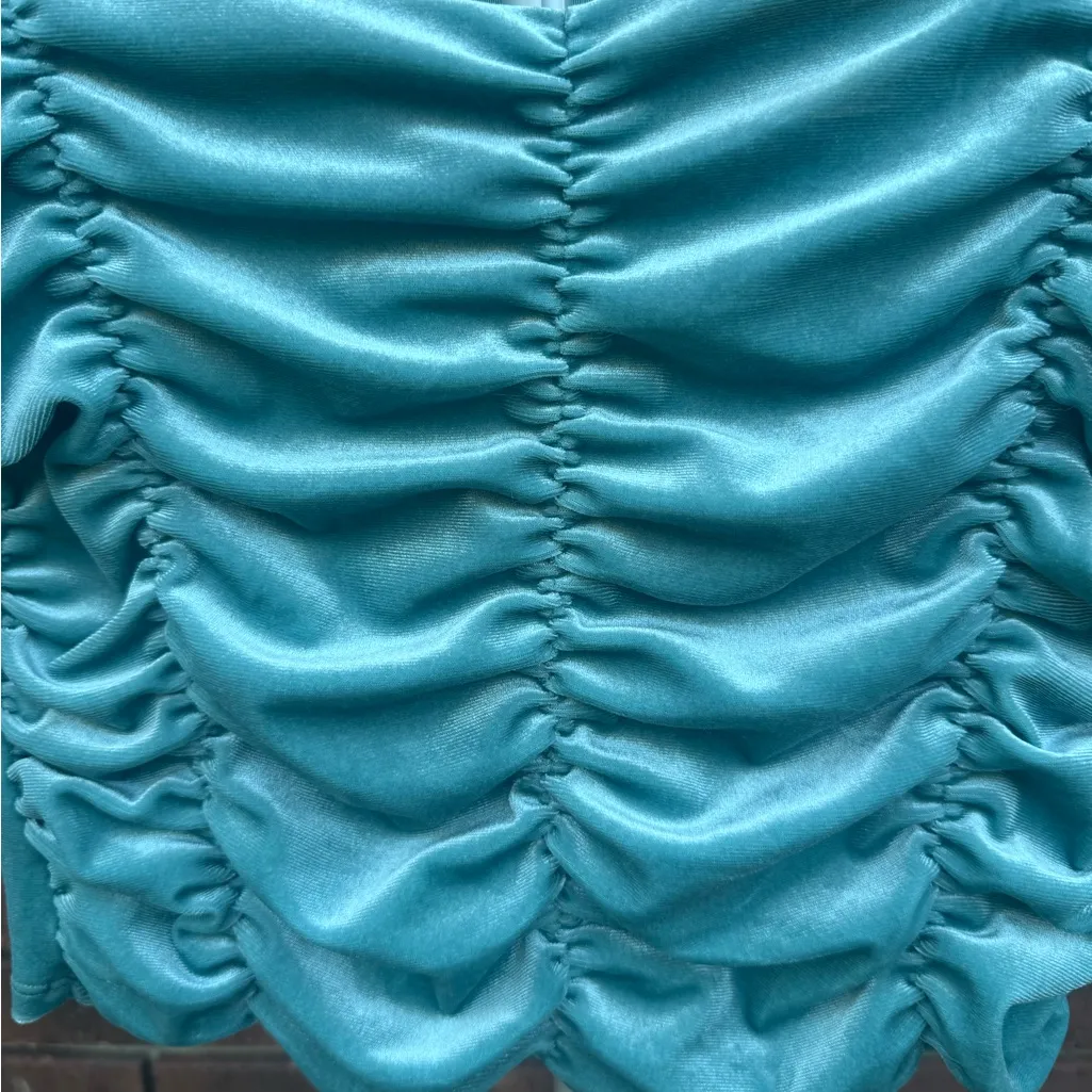 Love Fire Mineral Blue Womens Small Ruched Velvet Square Neck Long Sleeve Top - Image 2