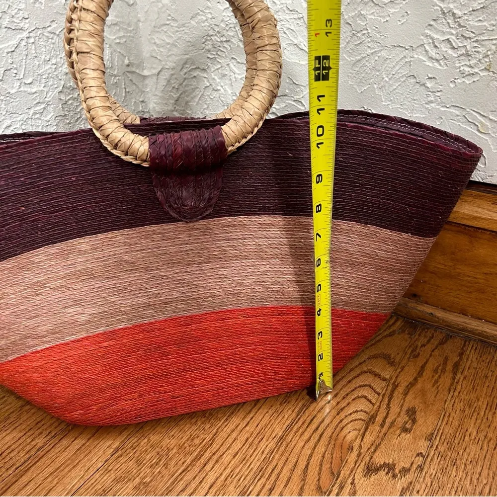 Woven Stripped Straw Tote Bag Red - Image 7