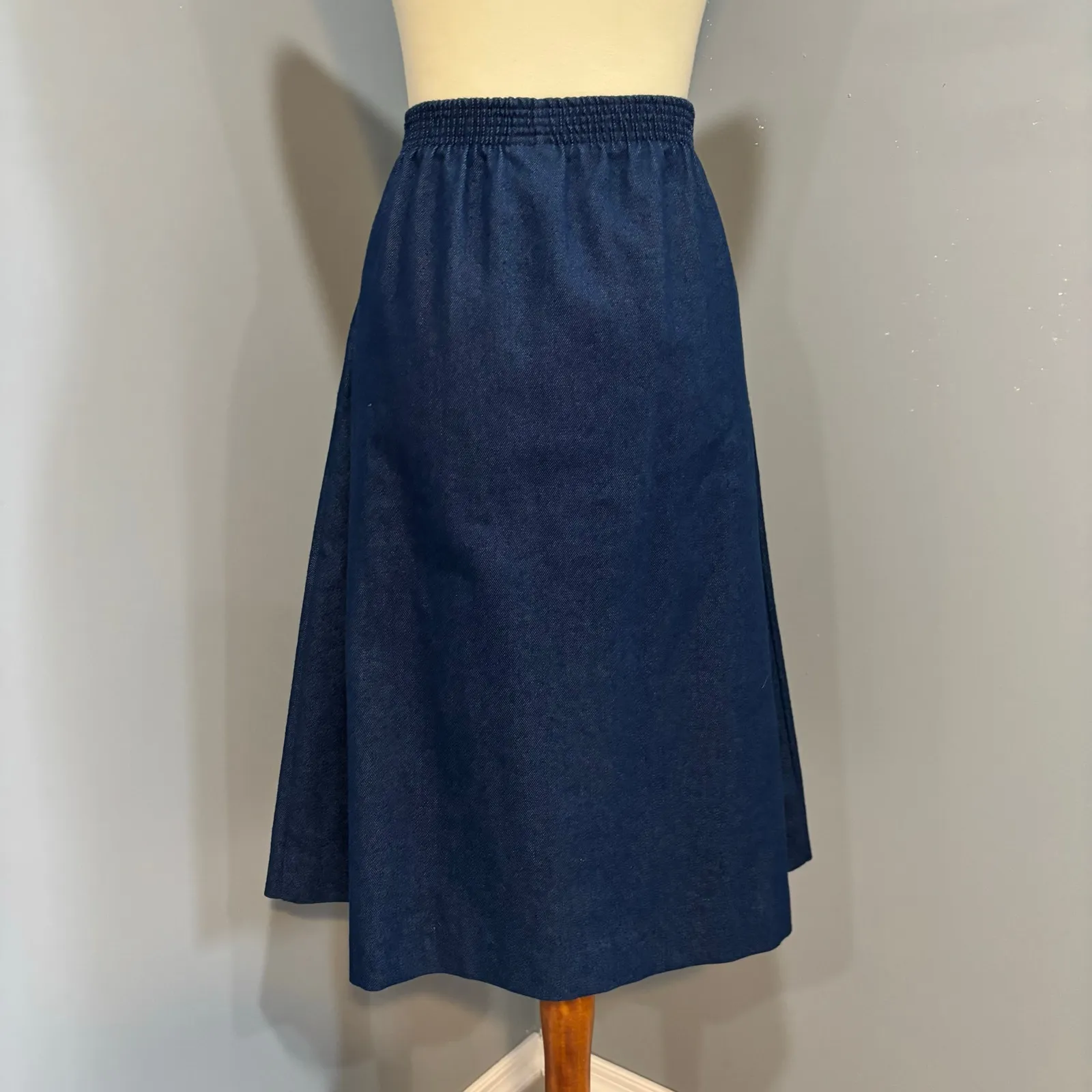 VTG 90s Dark Wash Denim A-Line Midi Skirt Button Elastic Waist, Women's Size 16 - Image 3