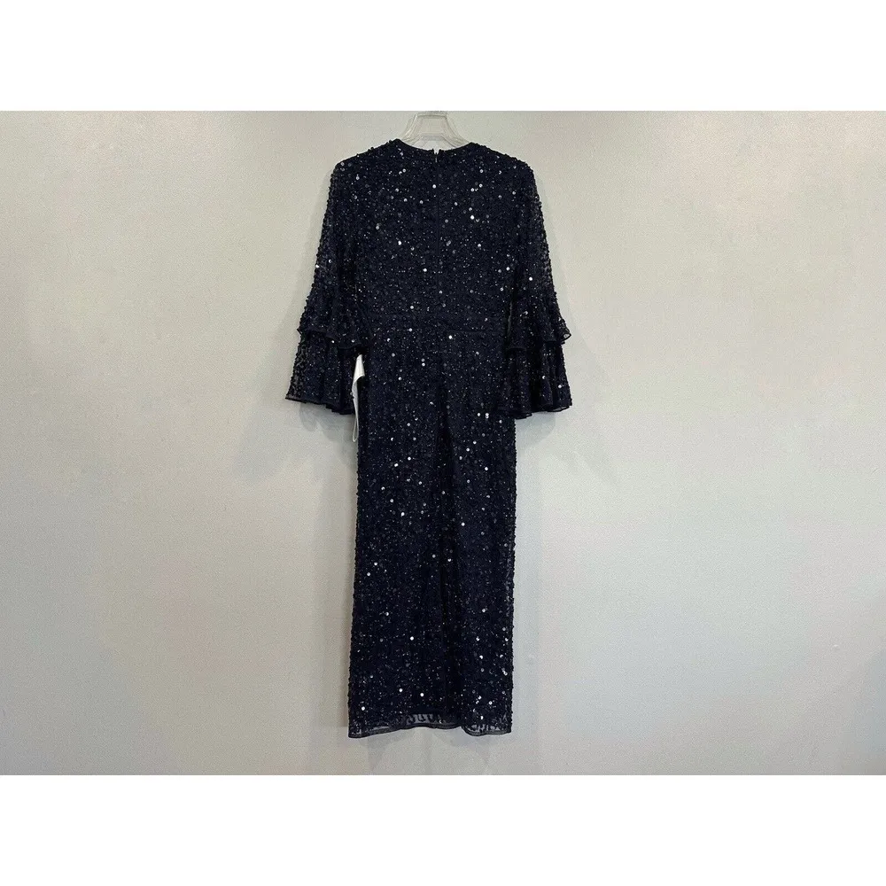 Mac Duggal 10802 Fully Sequined Ruffle Tiered 3/4 Sleeve Midi Dress Navy 4 NEW - Image 6