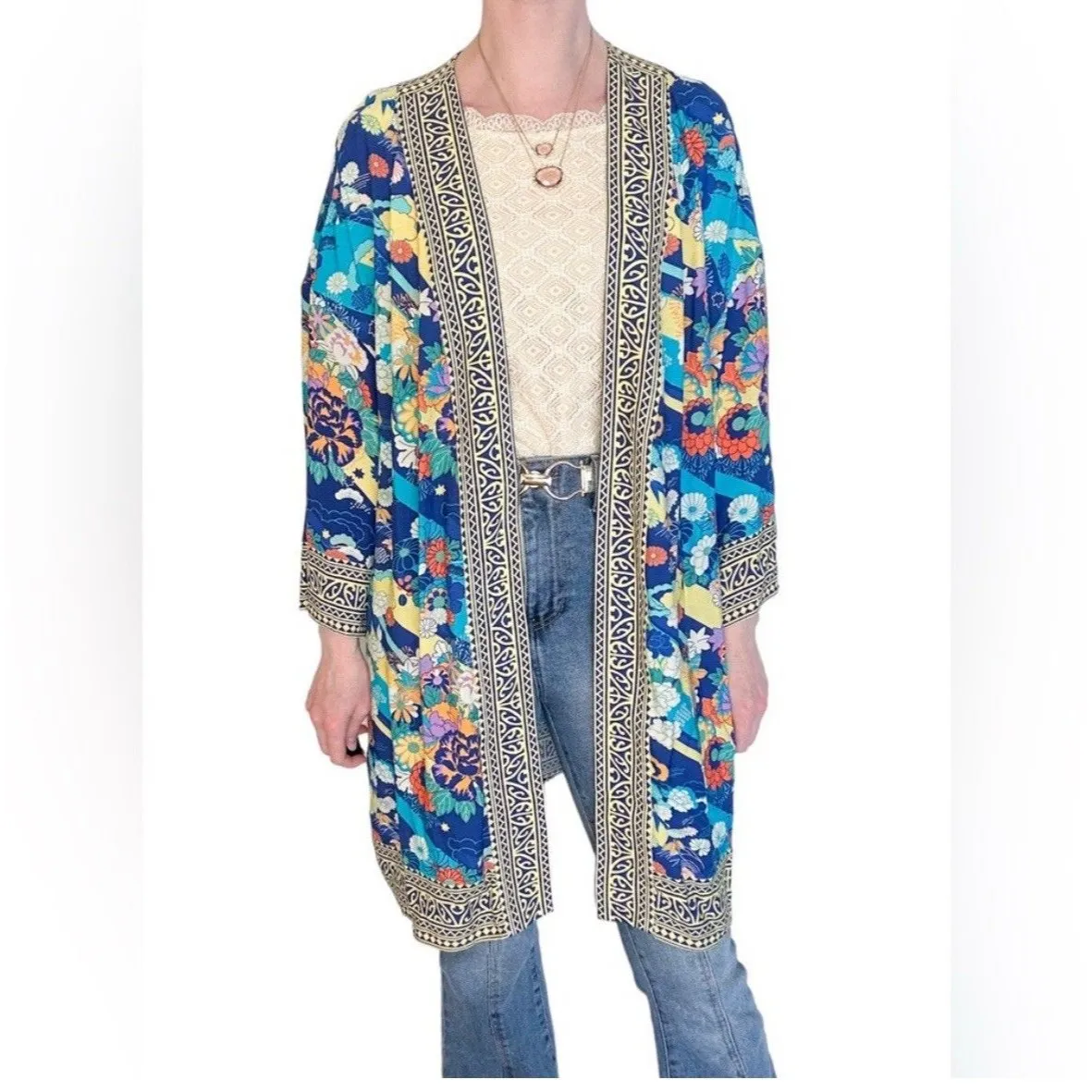 Soft Surroundings Topper Kimono S/M Royale Blue Pyrenees Vibrant Florals Boho - Image 3