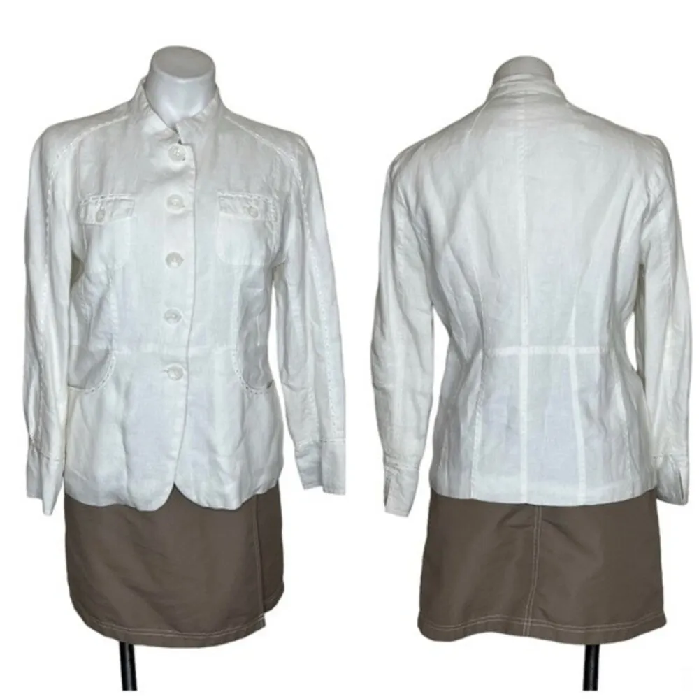 TWEEDS Linen Jacket White Button Up Lined Nehru Collar Size Medium - Image 11