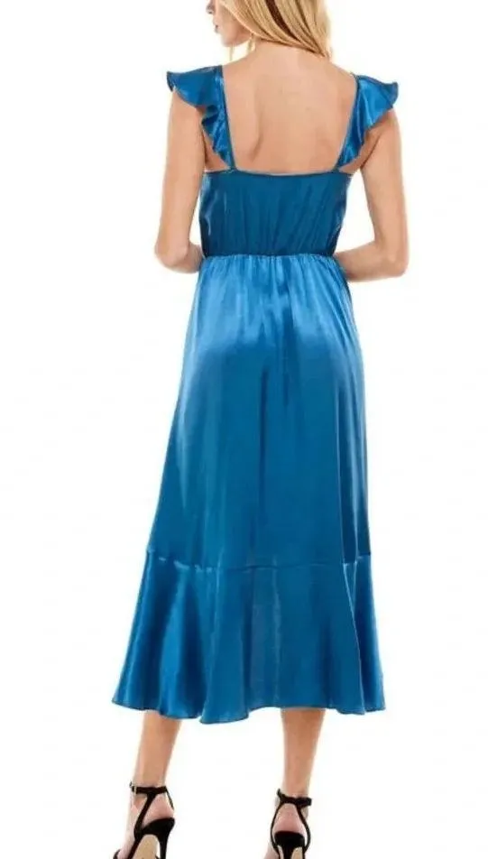 Socialite Blue Satin Ruffle Faux Wrap Dress - Image 9