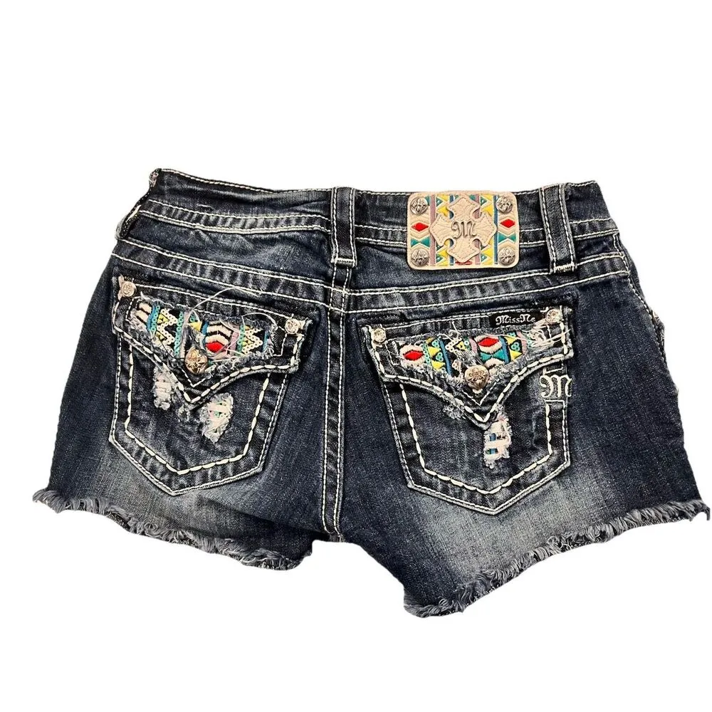 Miss Me Womens Denim Cut Off Shorts Aztec Embellished Sequin Embroidered Size 26 - Image 3