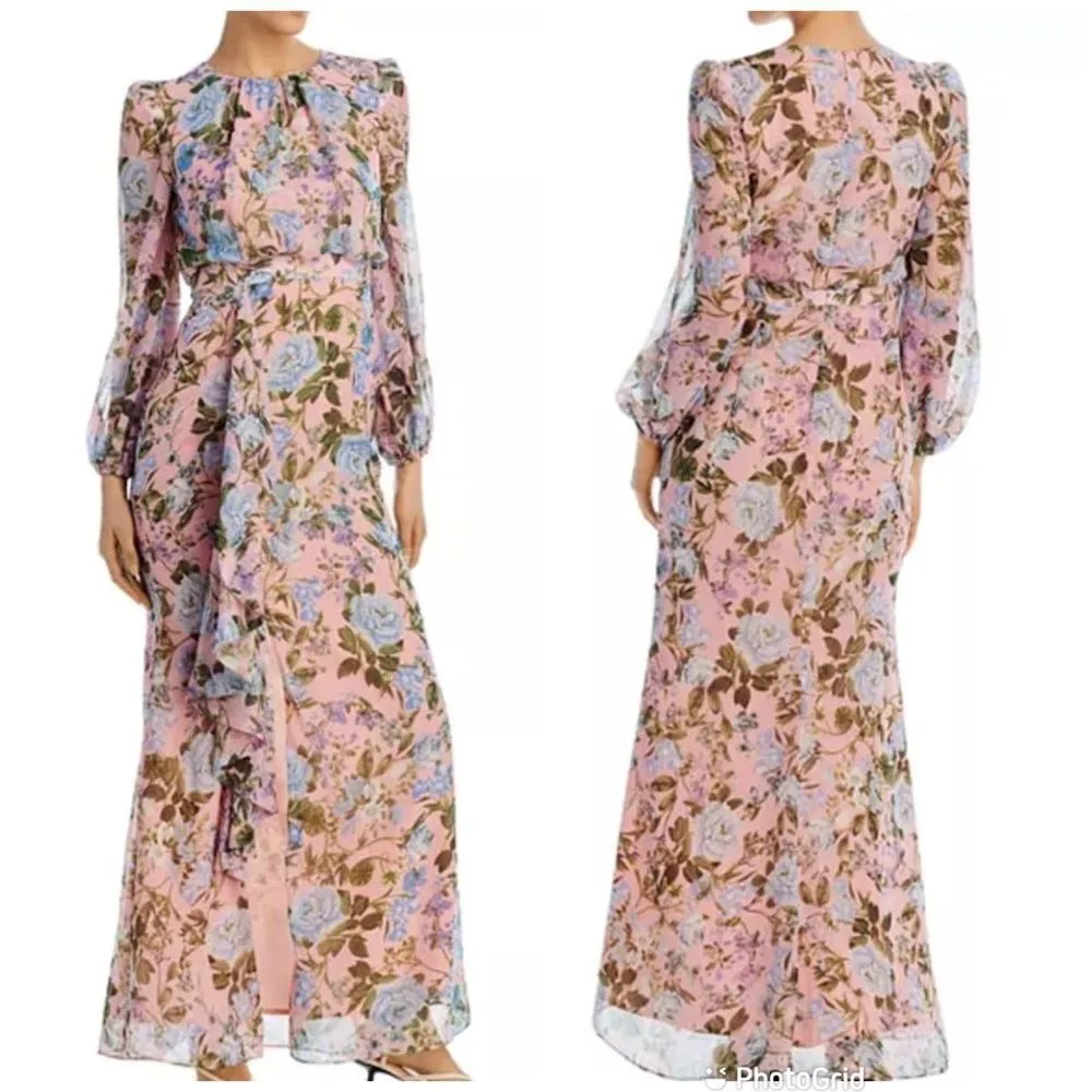 ELIZA J Pink Floral Long Sleeve Maxi Dress Chiffon Ruffle Front Slit Size 14 New - Image 3