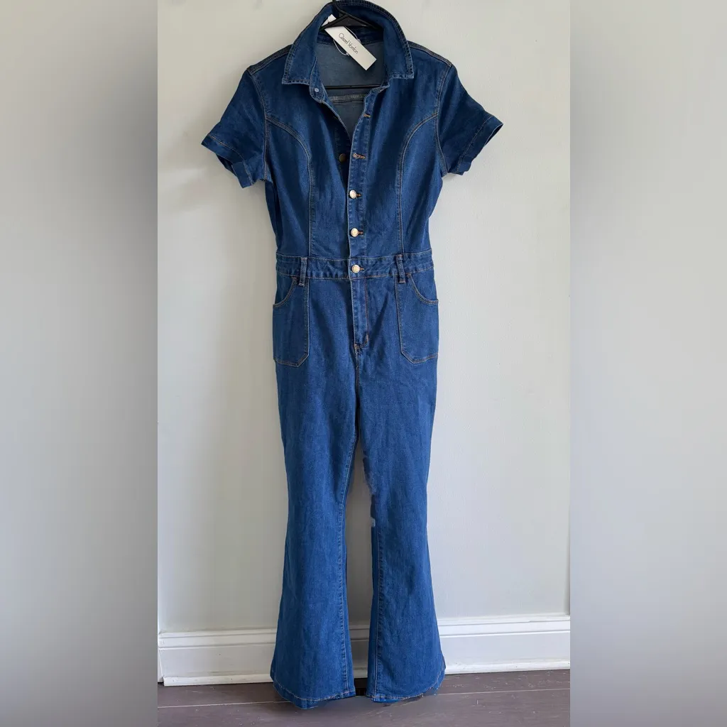 Denim Jumpsuit flair retro cowgirl western Y2K woman’s sz 8 Blue - Image 2