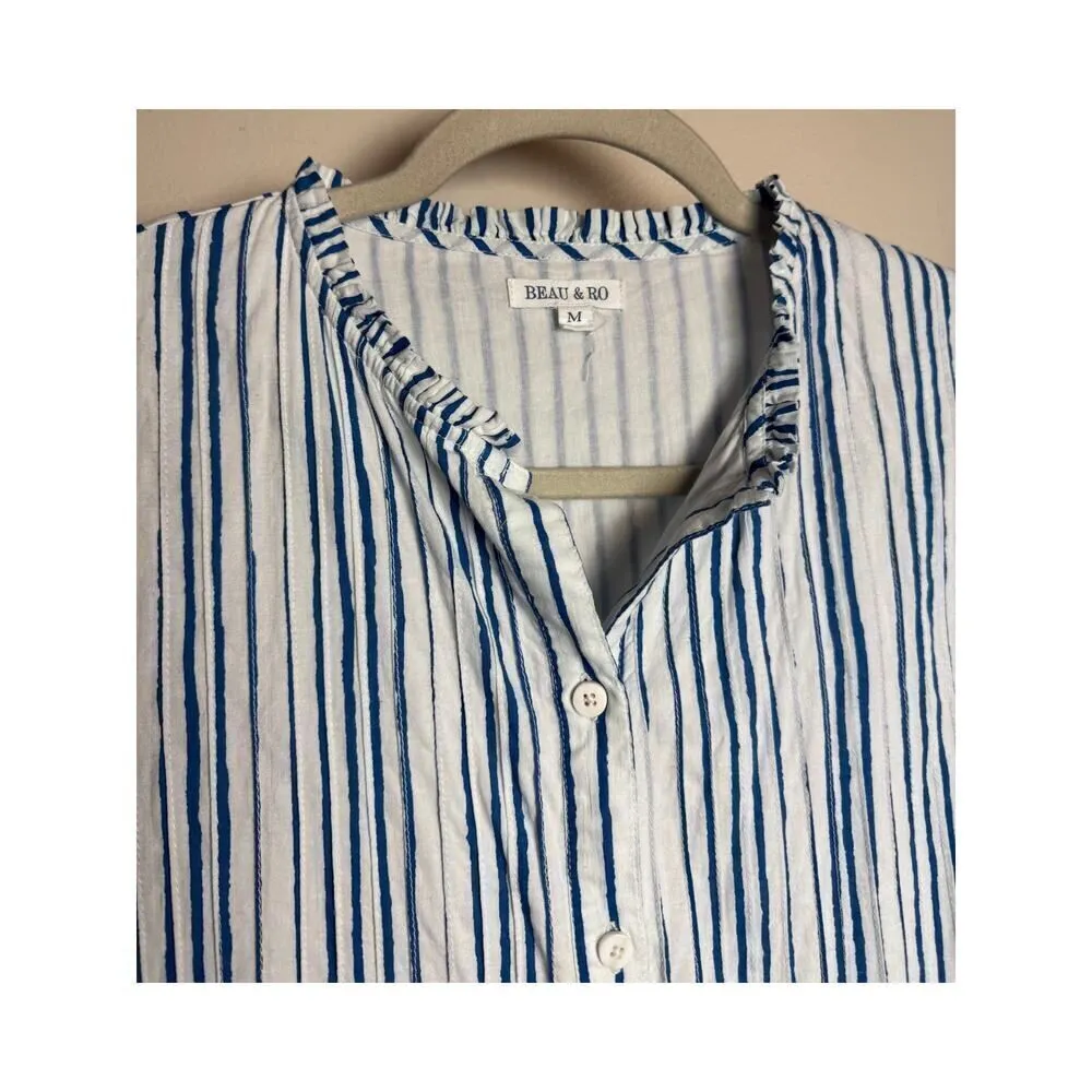 Beau & Ro Striped Hand Printed Cotton Midi Dress Sz. M White Size M - Image 3