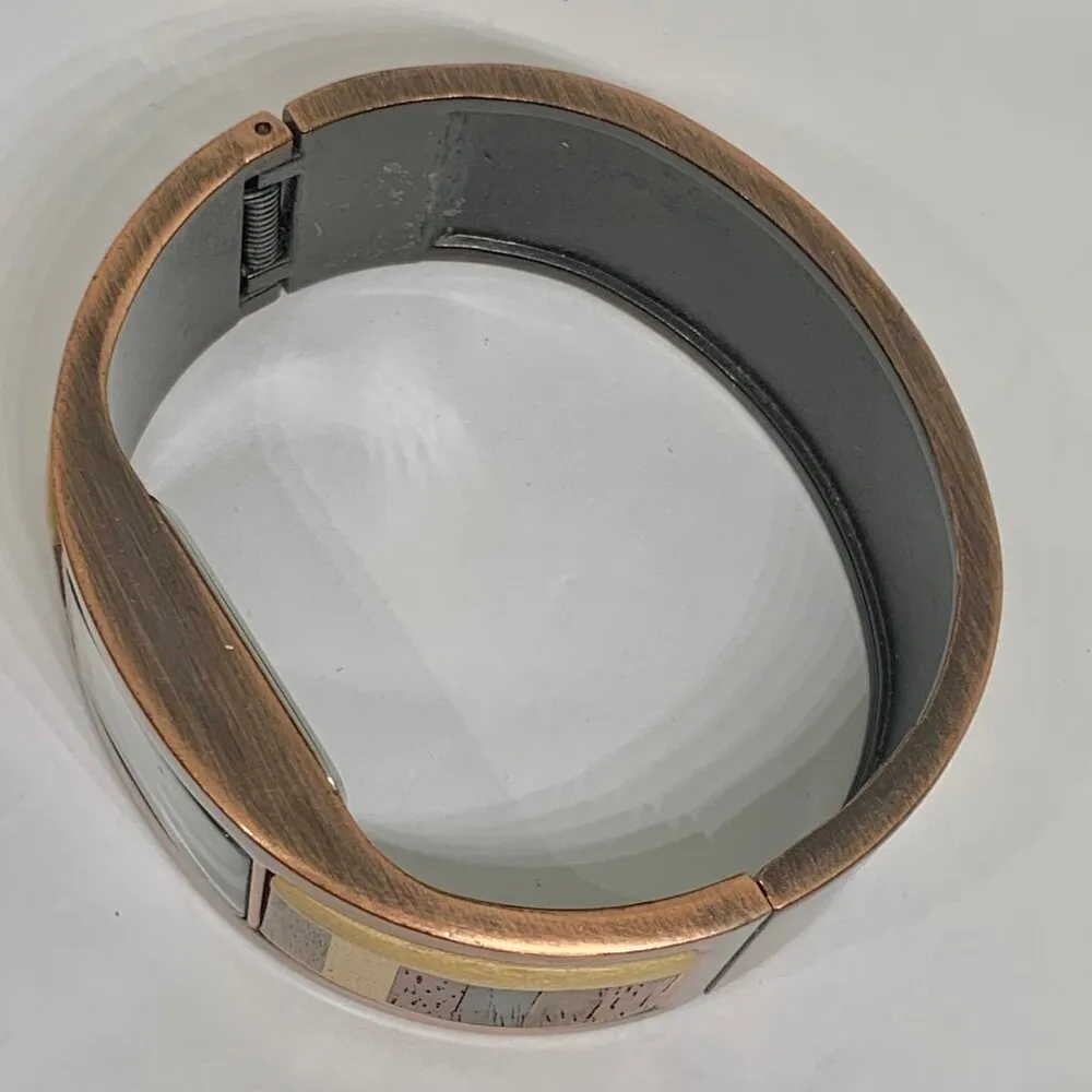 Vintage Ottimo copper tone cuff hinged bracelet with stacked wood trim watch run - Image 7