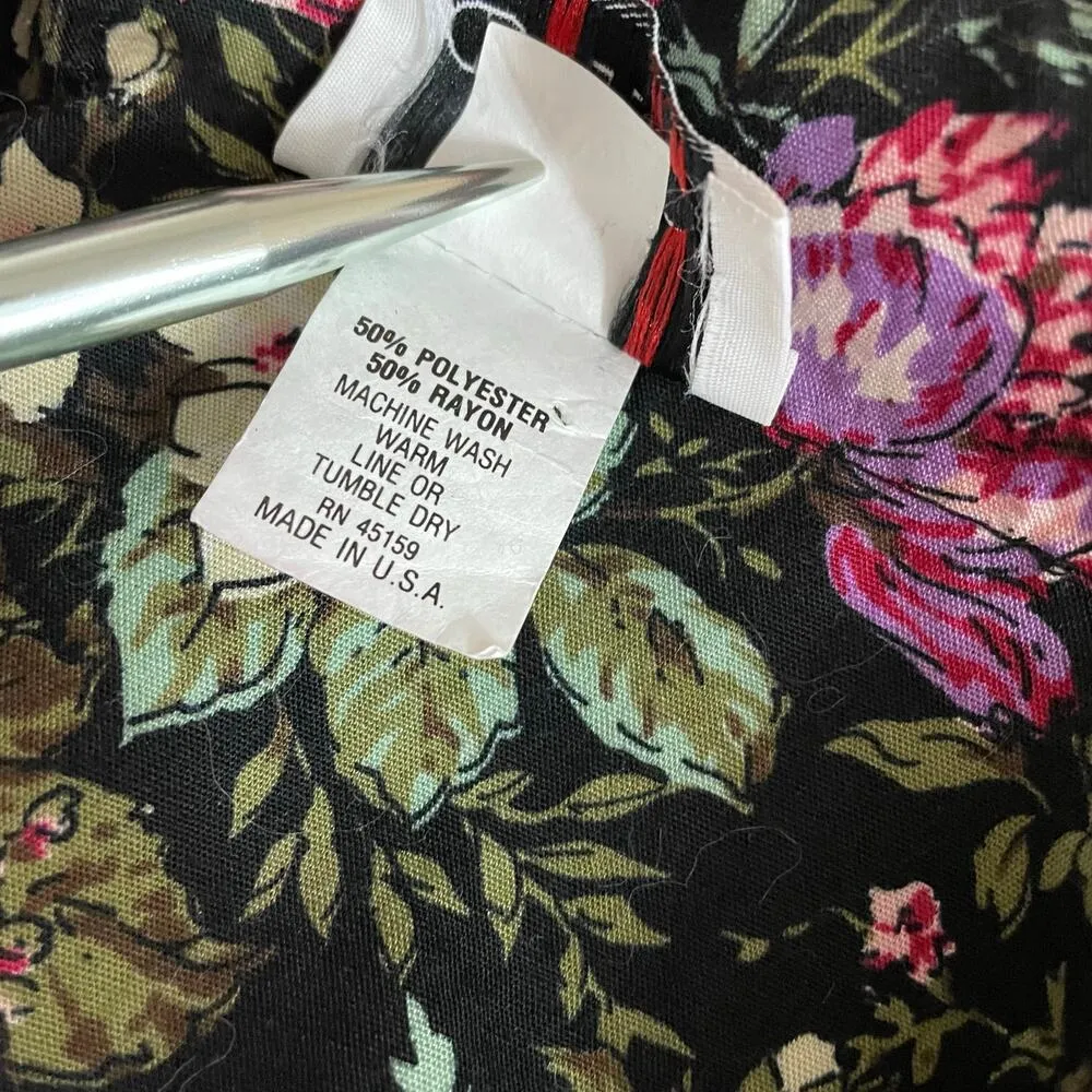 Vintage 90s Floral Flower Blazer Jacket Pouf Shoulders Black Pink Womens L XL - Image 10