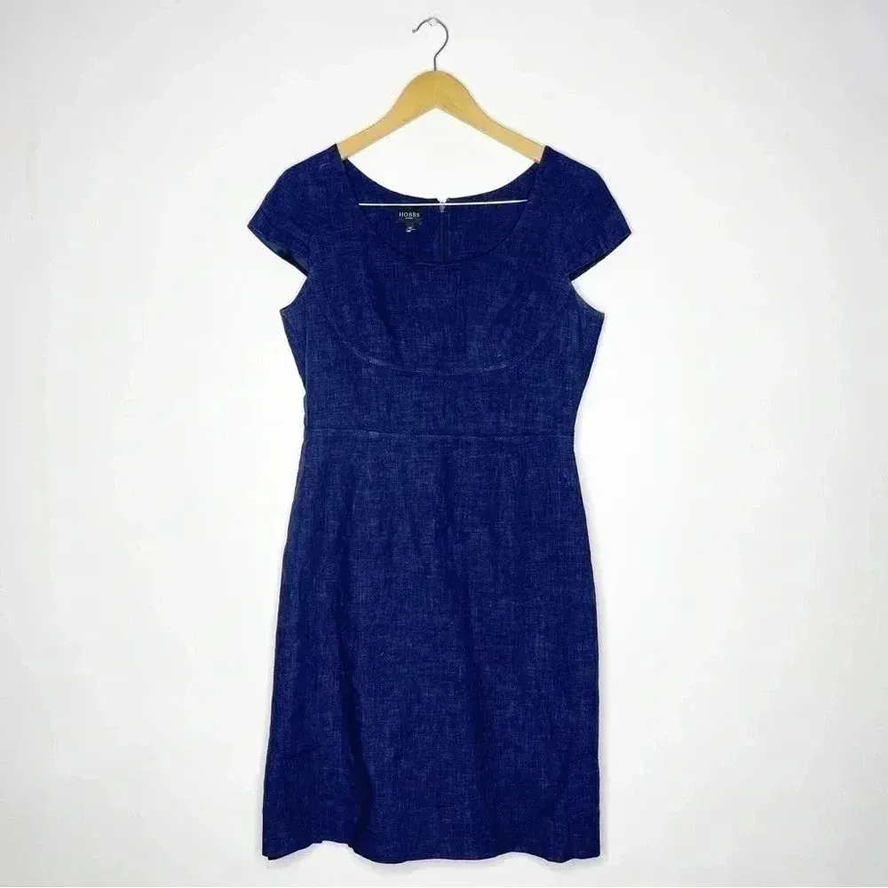Hobbs London 100% Flax Denim Dress Navy Blue Size 10 | Scoop Neck - Image 2
