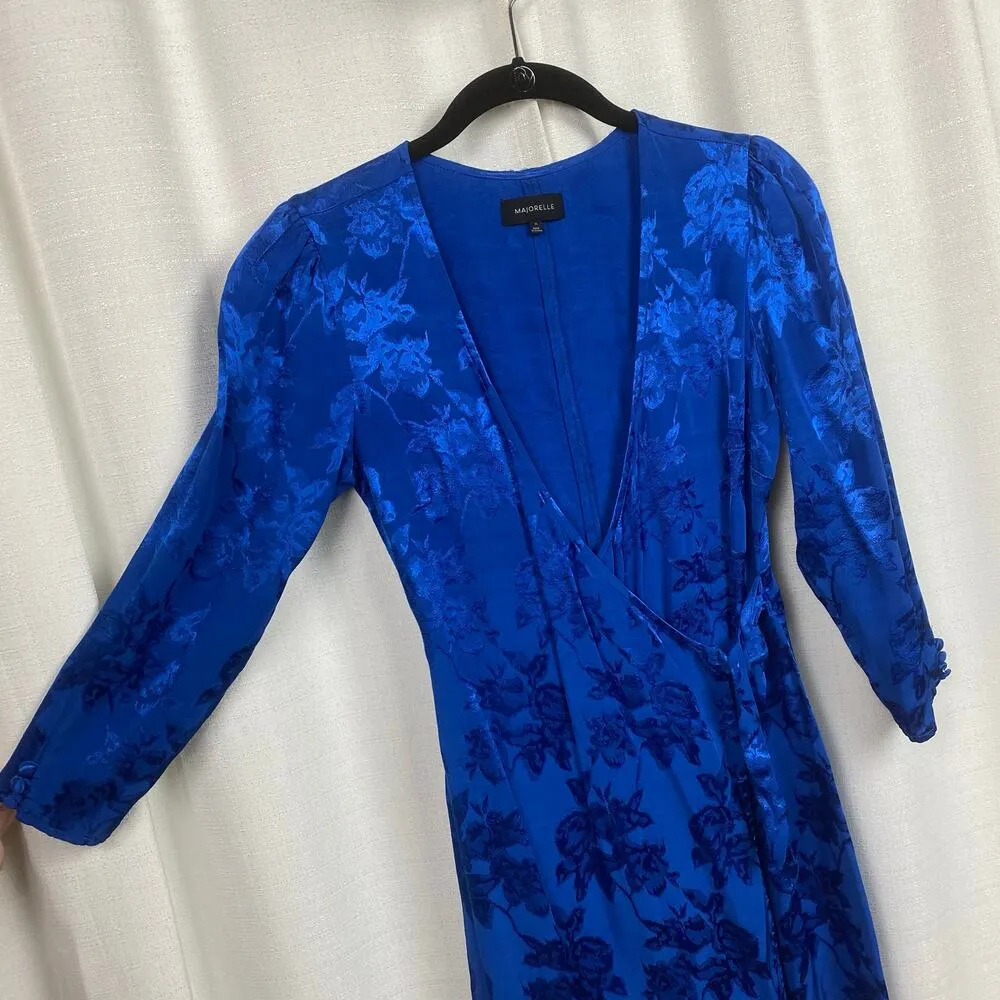 Majorelle Revolve Blue Satin Floral Bedford Wrap Mini Dress Sz.XS - Image 8
