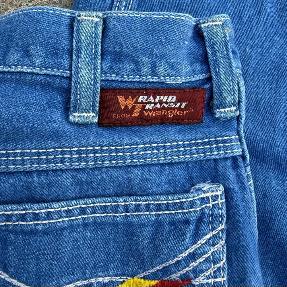VTG 80s Wrangler Wrapid Transit Blue Jeans Sunset Southwestern Embroidery Pocket - Image 4
