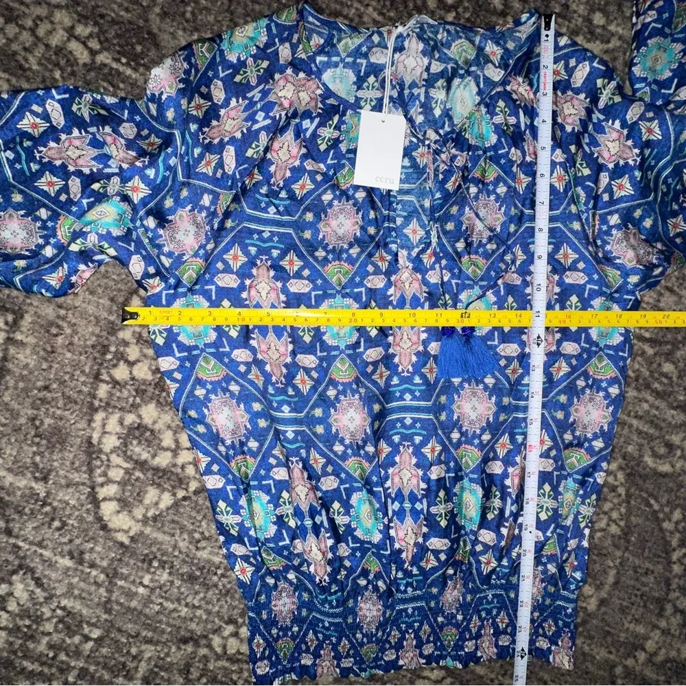 Ecru NWT Women’s S Cobalt Blue Weaver Kilim Silk Aztec Print Tassel Front Top - Image 8