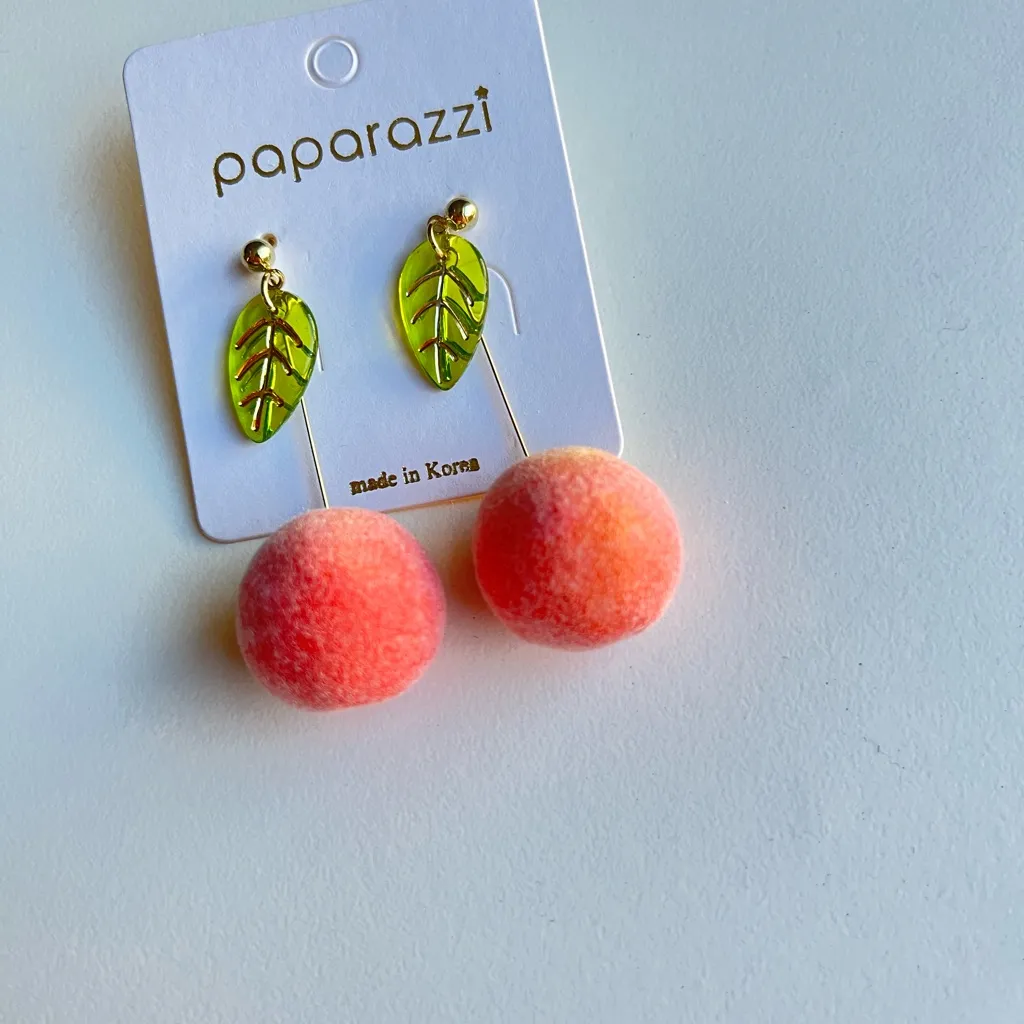 Unique Peach and Leaf Earrings,‎ Fuzzy Texture, Gold - Image 3
