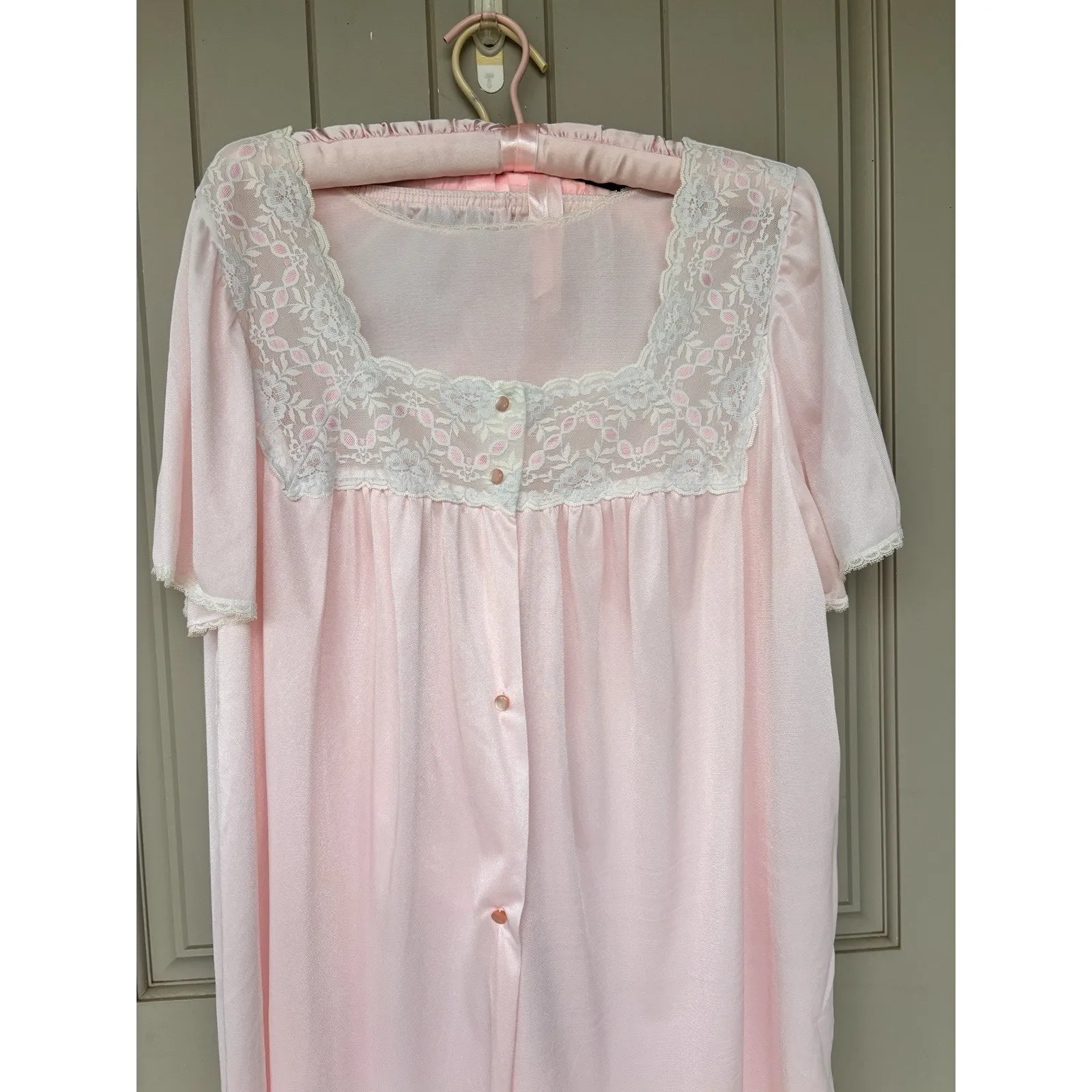 Vintage Vanity Fair Womens Pink All Nylon 2 Pc Pajama Set XL Top Pants Lace - Image 2
