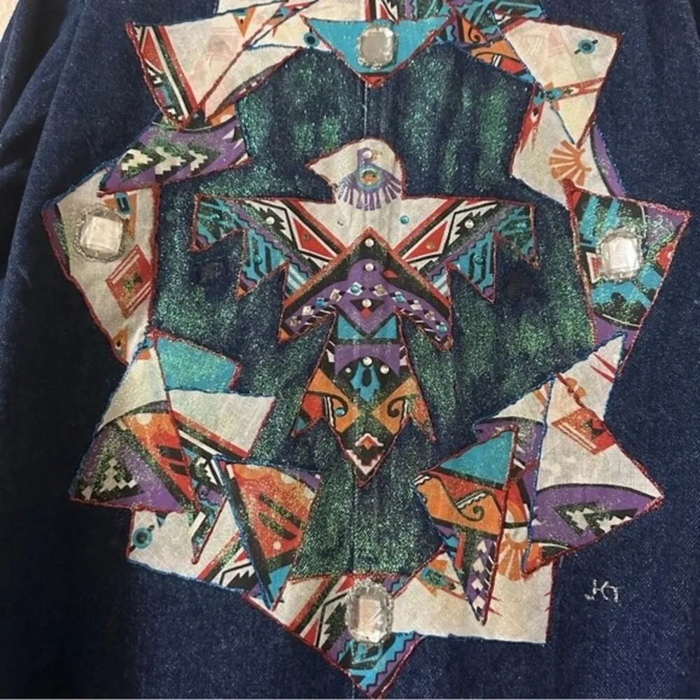 Vintage One of Kind Denim Coat Aztec art DECO hand designed Sz medium Blue - Image 6