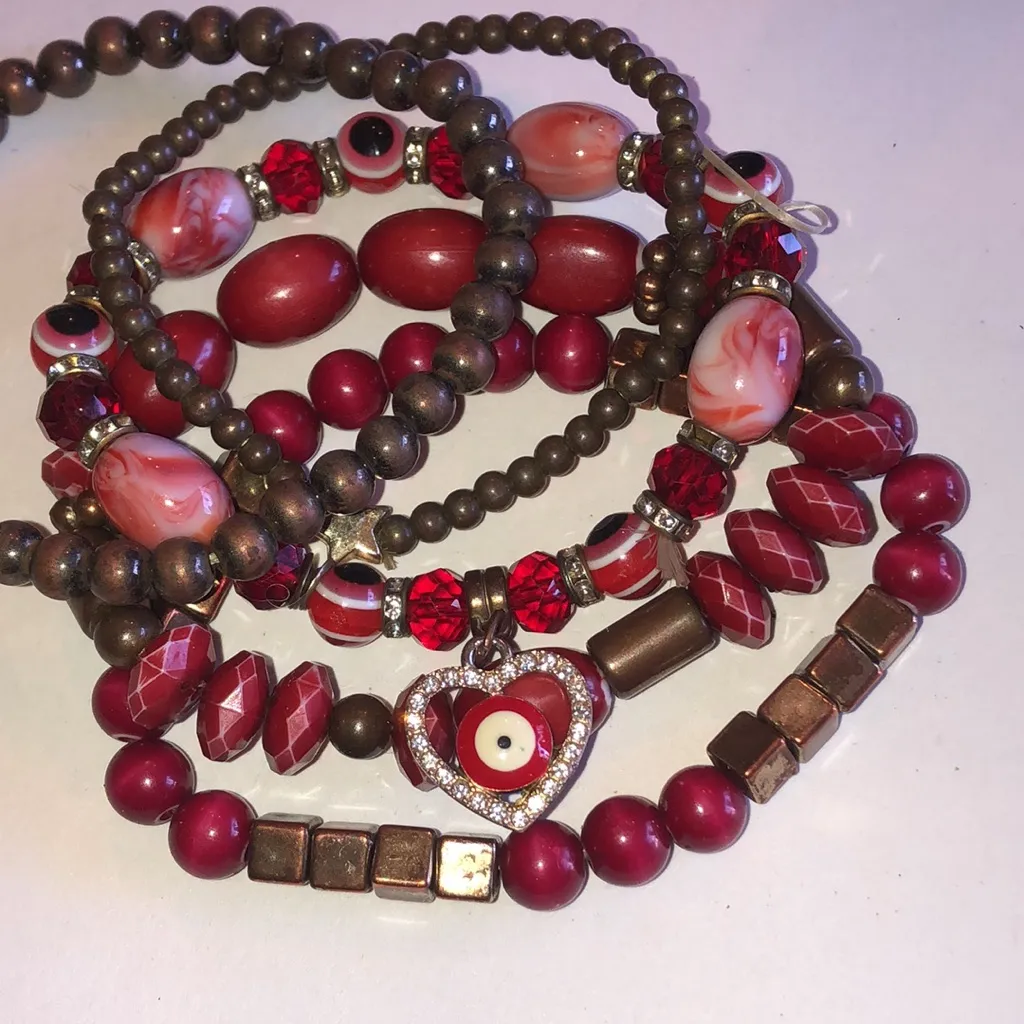 Red and Brass Tone Beaded Boho Evil Eye Bracelet Set - Image 6