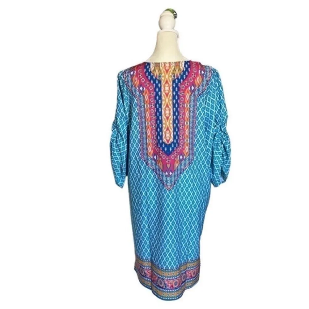 Urban Coco Blue Multicolor Ruche Sleeve Swim Coverup Dress with Tassels Medium - Image 4