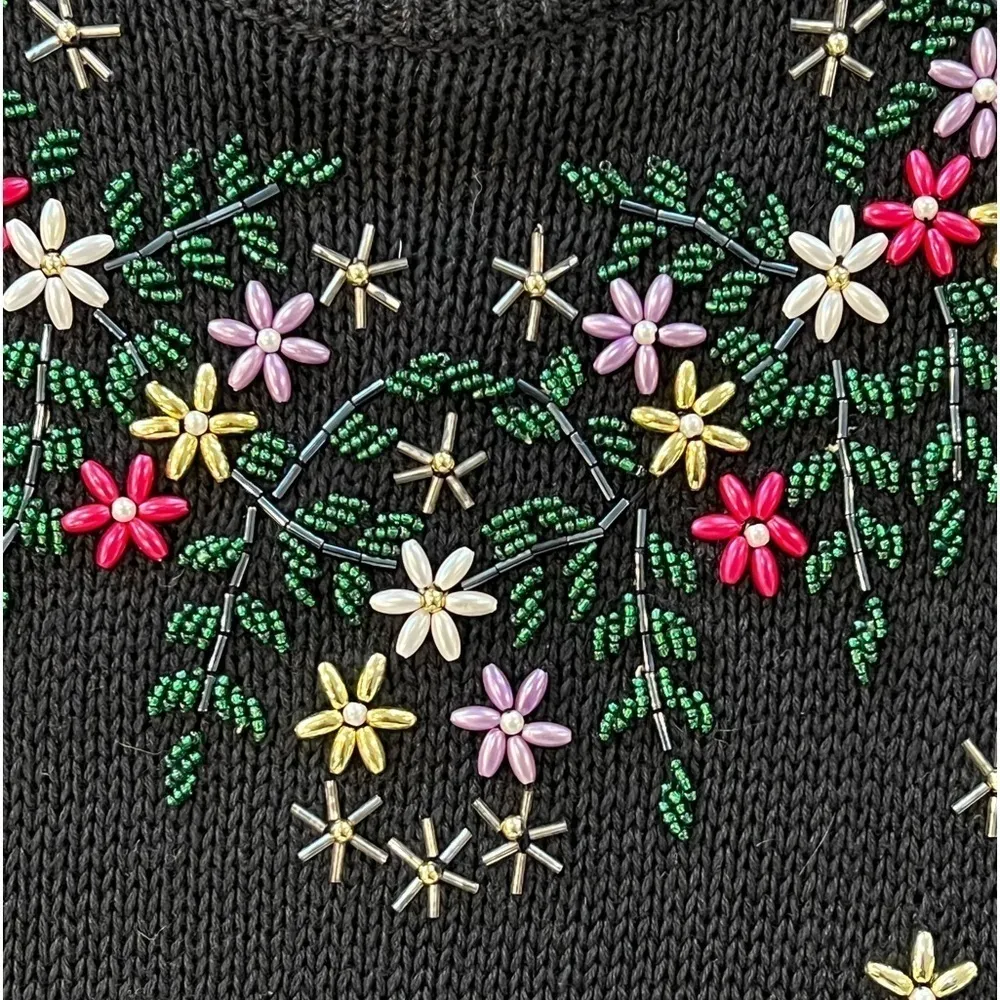 NUTCRACKER Vintage 3D Beaded Floral Long Oversized Crewneck Sweater Black Size S - Image 5