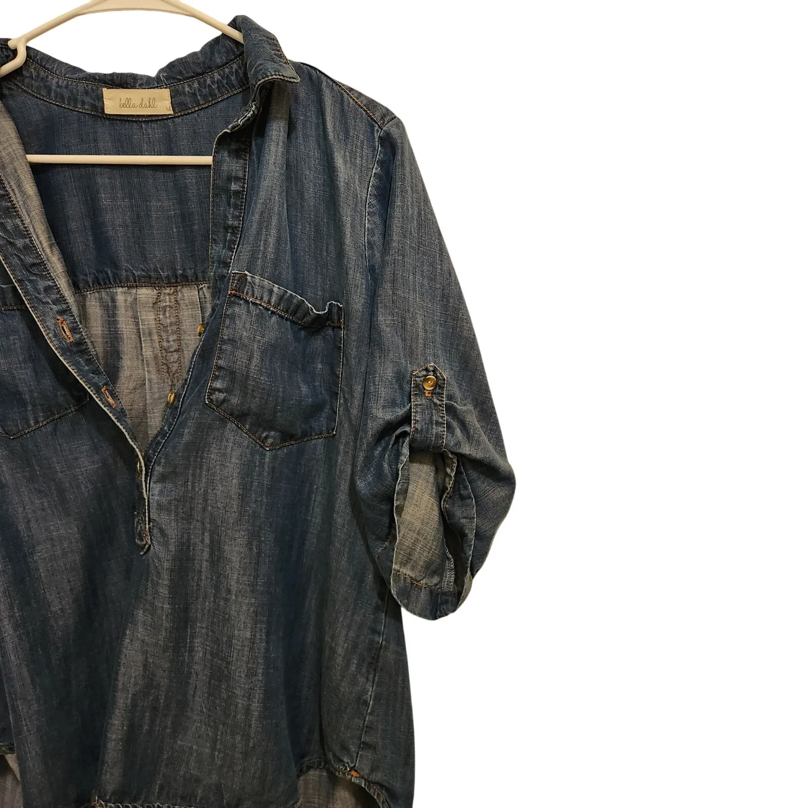 Bella Dahl Roll Sleeves Blue Chambray Button Front Casual Blouse Shirt Medium - Image 7