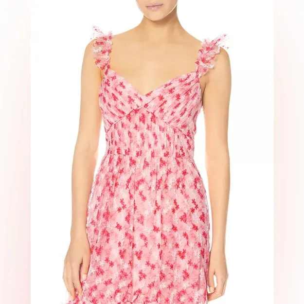 ML Monique Lhuillier Floral Embroidered Mesh Pink & White Midi Dress | Size 10 - Image 3