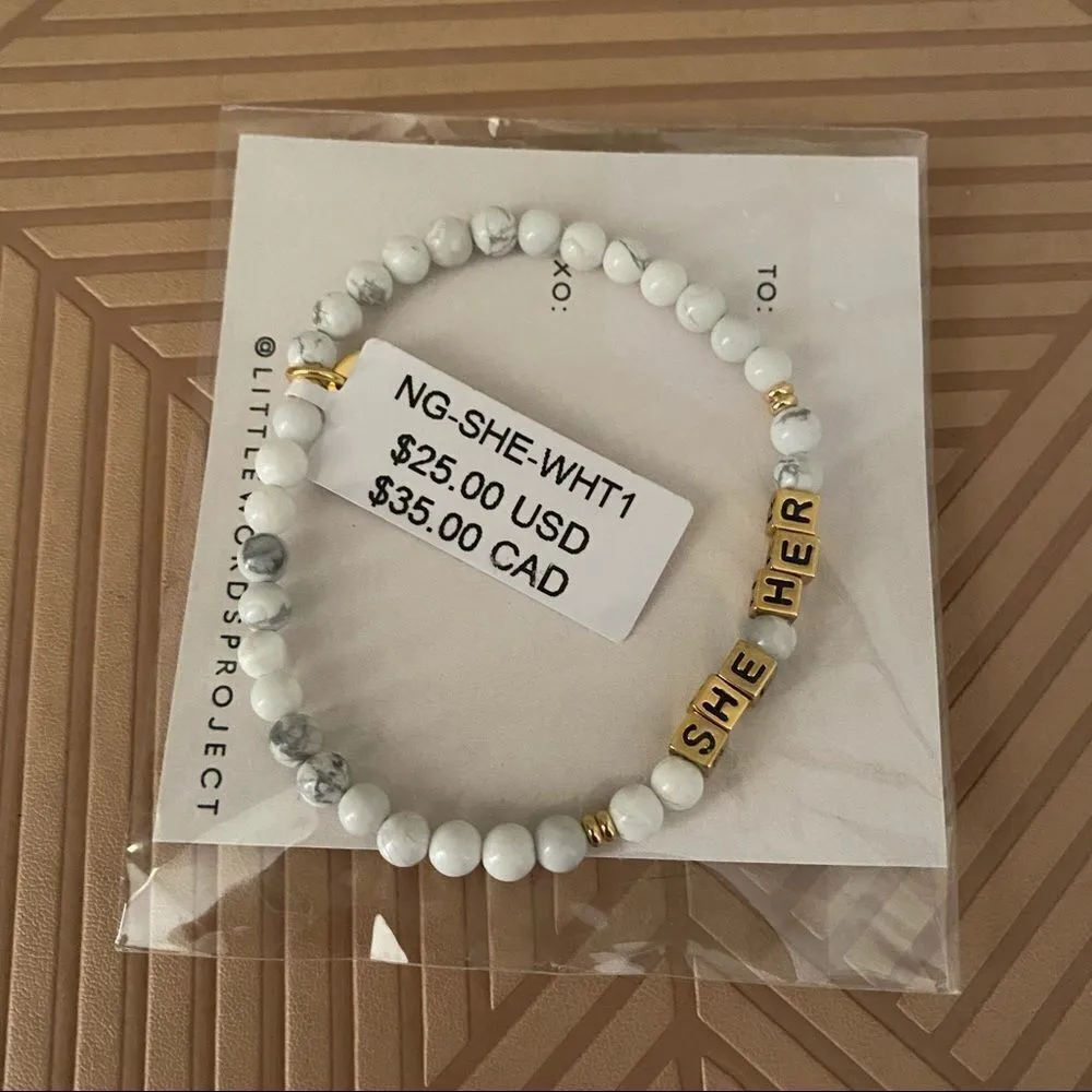 Little Words Project Bracelet She Her Stretch Beaded Gold Marble Neutral Pronoun White - Image 5