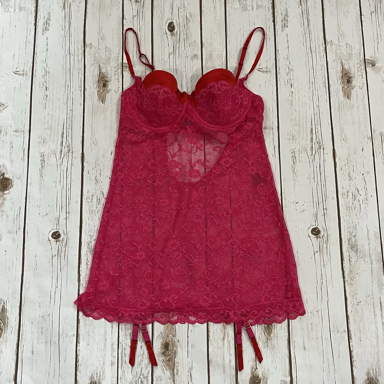 Victorias Secret Lace Bra Garter Slip‎ Dress 36C Y2K Red Pink Lingerie Chemise - Image 8