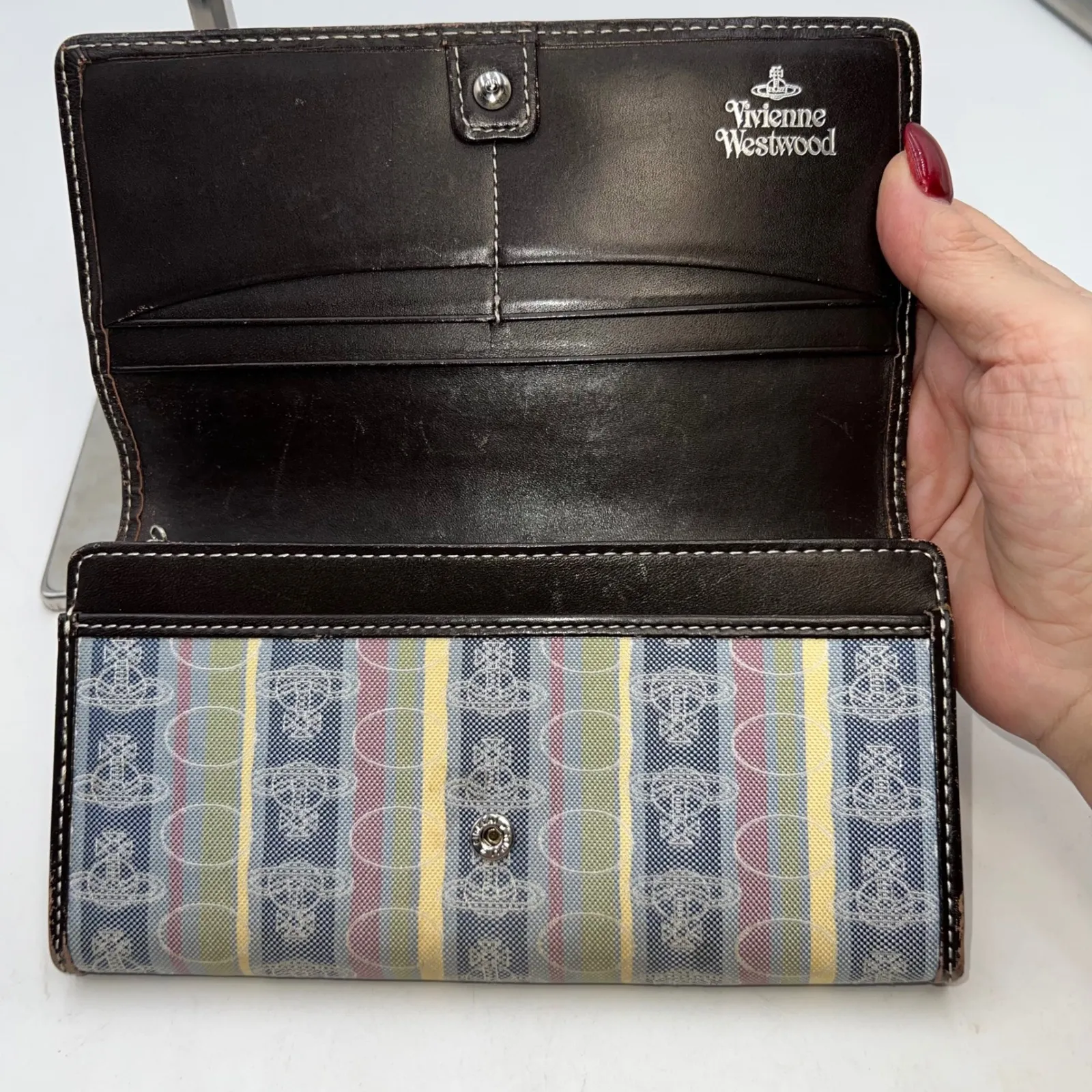 Vivienne Westwood Orb Striped Canvas Leather Tri-Fold Wallet - Image 6