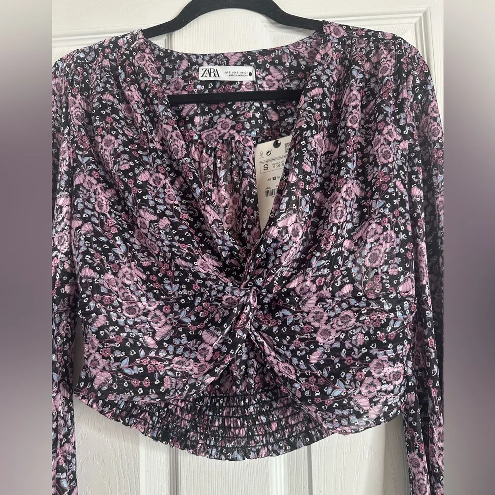 Zara Sheer Floral Cropped Blouse, Size Small - Image 5