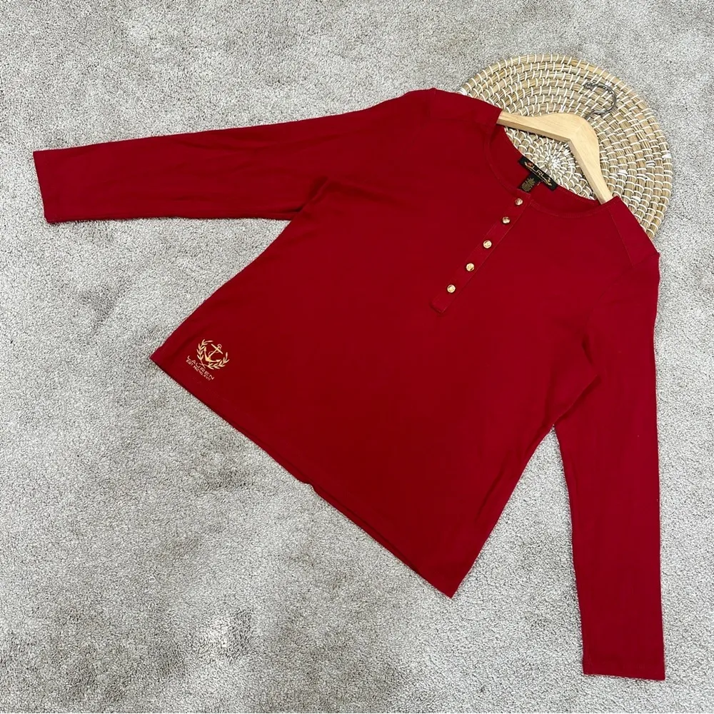 Lauren Ralph Lauren Henley Top Shirt Longsleeve Cotton Logo Embroidery in Red L Size L - Image 2