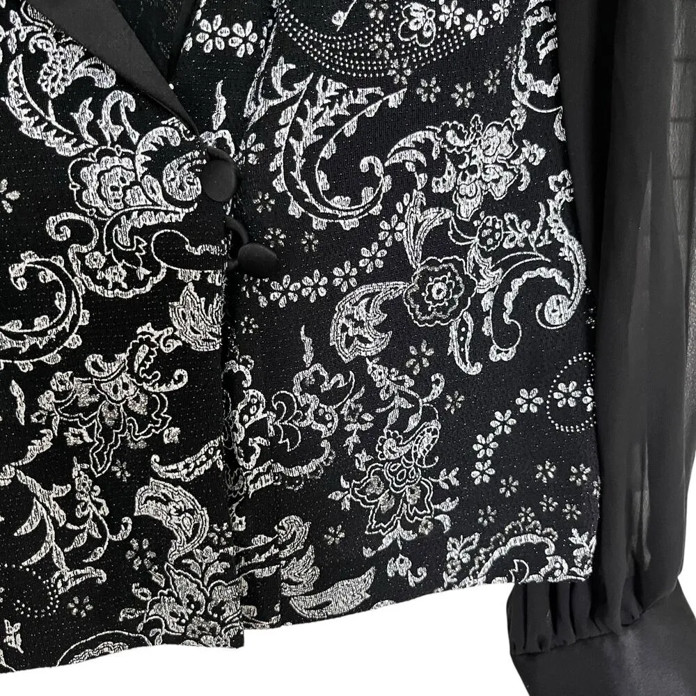 Alex Evenings Black Paisley Print Satin Shawl Collar Chiffon Long Sleeve Jacket - Image 6