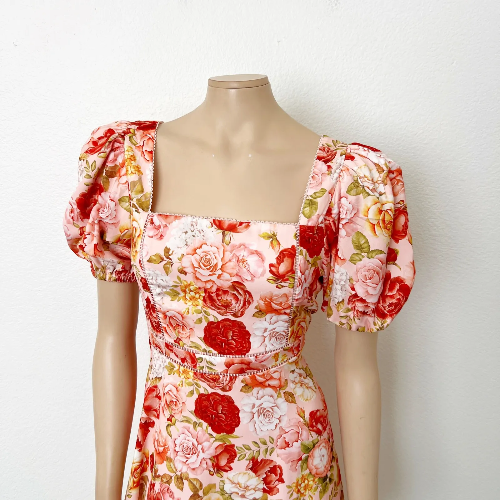 [Rachel Parcell] Pink Rose Floral Puff Sleeve Lace Trim Spring Midi Dress NWT 8 - Image 4